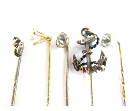 19th Century and later rolled gold and gilt metal stick pins, two with terminals modelled as fouled anchors 