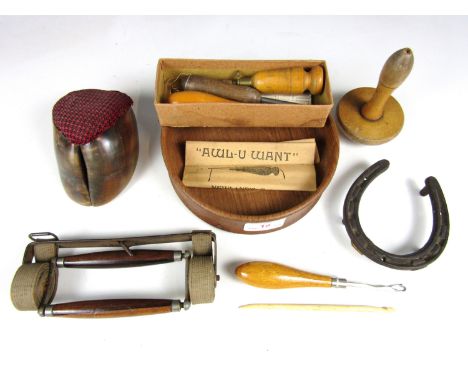 Sundry collectors' items including darning and sewing tools, a rosewood handled luggage carrier and a horseshoe stand etc.