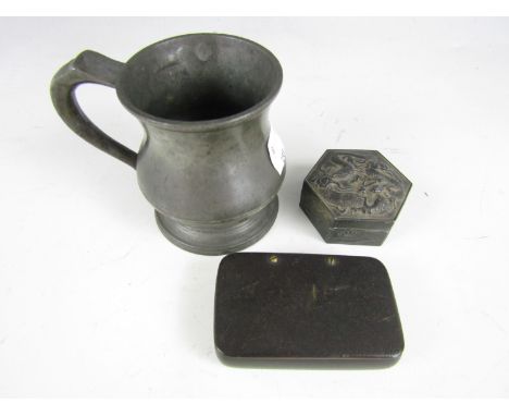 A 19th Century snuff box together with a Japanese trinket box and a pewter gill measure of baluster form