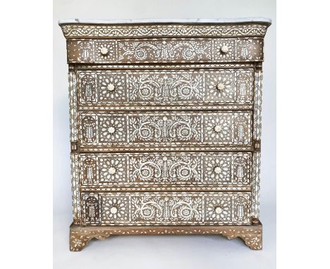 SYRIAN COMMODE, 19th century Syrian profusely bone, brass and mother of pearl inset with marble top above five long drawers, 