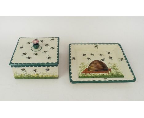 WEMYSS SQUARE HONEY BOX WITH LID, 14cm x 14cm, and a square dish to match, 19cm x 19cm, painted T.Goode 8/60 to base of dish.