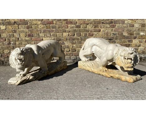 ARCHITECTURAL SCULPTURAL CHINESE PROWLING TIGERS, a pair, 100cm x 25cm x 55cm, Marble resin composite. (2) 