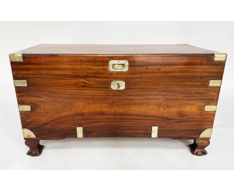 TRUNK, 19th century camphorwood and brass bound with rising lid, carrying handles and short supports, 45cm x 47cm x 95cm W. 