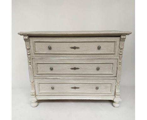 COMMODE, 19th century French, traditionally grey painted with three long drawers and silvered mounts, 57cm D x 114cm W x 84cm