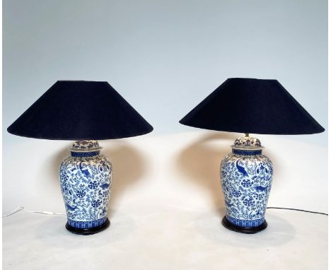 CARP TABLE LAMPS, a pair, Chinese blue and white ceramic, of ginger jar form, with Timothy Oulton coolie shades, 84cm H. (2) 