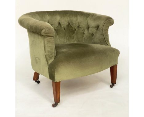 TUB ARMCHAIR, 69cm W, Edwardian mahogany, Royal Green velvet upholstered, with rounded button back. 