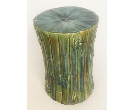 MAJOLICA STOOL, 30cm W x 43cm H, late 19th century, ceramic, of bunched bamboo branch design, in Moorcroft palette. 