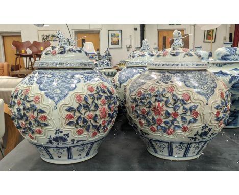 JARS WITH COVERS, a pair, 40cm H, Yuan Dynasty style ceramic. (2) 