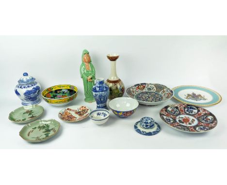 A COLLECTION OF CERAMICS, comprising vases, Spode plate, Chinese blue and white, Imari dish, vase and cover, bowl, teabowl, f