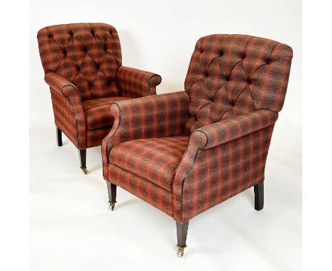 ARMCHAIRS, a pair, Harris Tweed button back upholstered, with tapering front legs and brass castors. 90cm H x 71cm W. (2) 