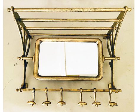 WALL MOUNTED LUGGAGE RACK, with row of coat hooks to base and adjustable mirror, gilt metal, 54cm x 67cm x 36cm. 