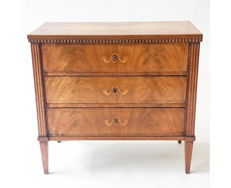 COMMODE, 97cm W x 50cm D x 89cm H, early 19th century Italian, flame mahogany and satinwood with 'dentil' inlay, above three 
