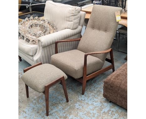 ATTRIBUTED TO CASSINA MODEL 829 ARMCHAIR AND STOOL BY GIO PONTI, 67cm x 90cm x 95cm, vintage mid 20th century. (2) 