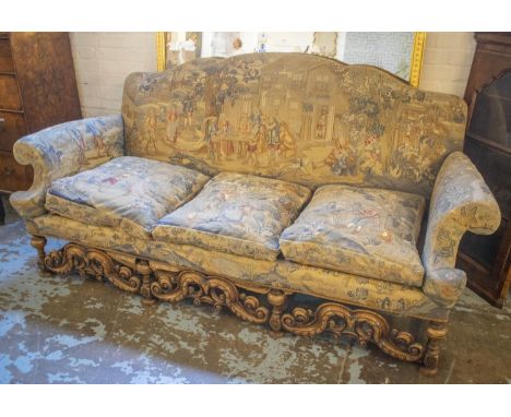 SOFA, late 19th century William and Mary style walnut in old gros and petit point needlework tapestry covers, 101cm H x 220cm