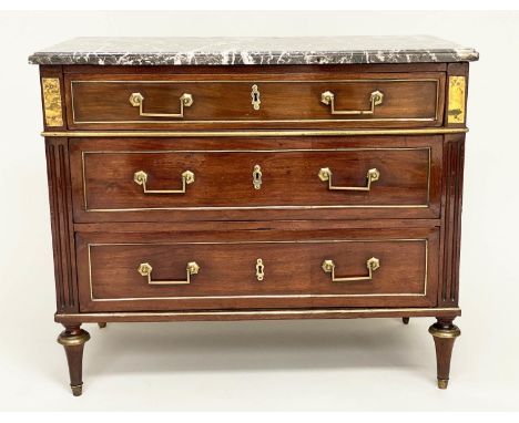 DIRECTOIRE COMMODE, 95cm W x 51cm D x 81cm H, early 19th century, mahogany and brass bound, with marble top and three four lo