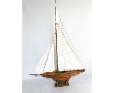 POND YACHT MODEL, 210cm H, early 20th century Edwardian, English varnished oak, pine and fruit woods, with brass fittings, cl