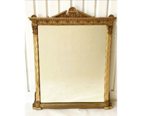 OVERMANTEL MIRROR, 149cm H x 122cm W, 19th century giltwood and gesso moulded, with arched cornice,, swag frieze and fluted c