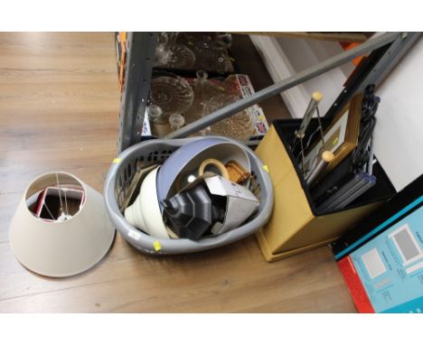 Domestic items to include two lamp shades, very small clothes drier, fire guard, picture frame, washing basket etc