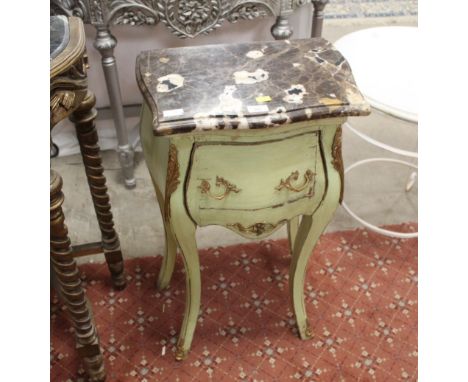 French style green painted single drawer commode chest, marble top, height 80 cm, width 45 cm, depth 30 cm