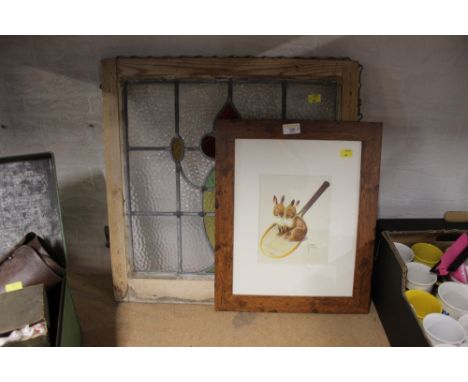 Edwardian glazed and lead windowpane and print of two rabbits  