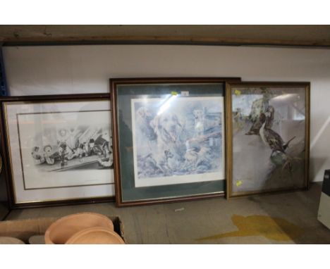 Signed dog print, duck picture and "The Stag Night"