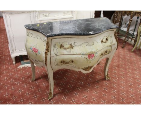 Marble top painted French commode with gilt embellishments, height 85 cm, width 120 cm, depth 56 cm 