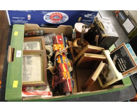 Victorian prints, pair of bookends, hip flasks, books and a Skymaster timing clock 