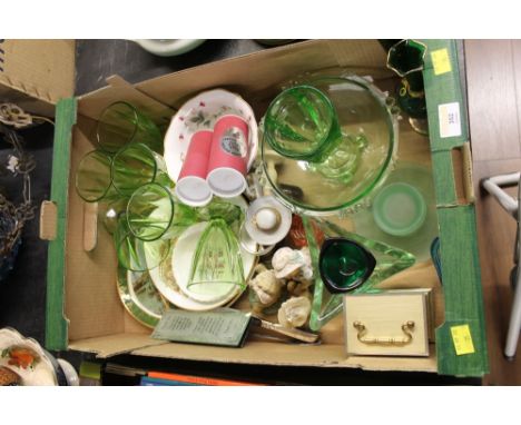 Green glassware, vases, bowls and glasses, clock, ornaments, decorative plates etc  