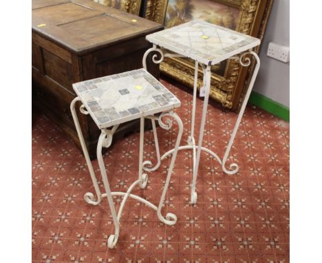 Two metal tile topped plant stands, height 66 cm, 76 cm 