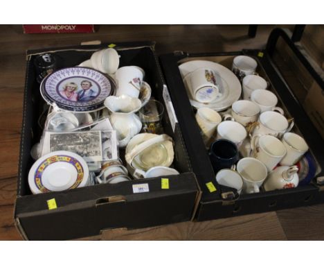 Two boxes of commemorative mugs, cups, decorative plates, glassware, postcards etc   