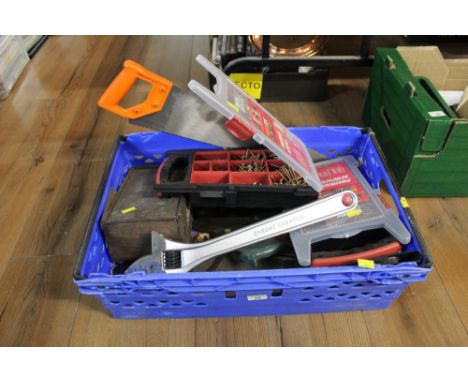 Boxes of screws, large adjustable spanner, saws etc 