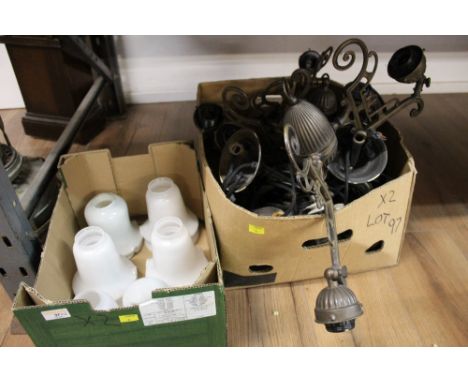 Large quantity of light fittings, small candelabra and glass shades  