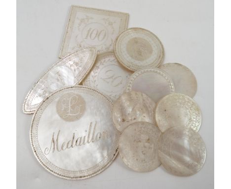 Nineteen assorted mother of pearl gaming counters