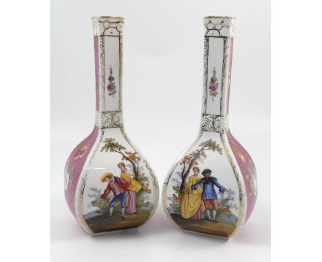 A pair of Dresden porcelain vases, of four sided baluster form, decorated with alternate panels of figures and flowers, heigh