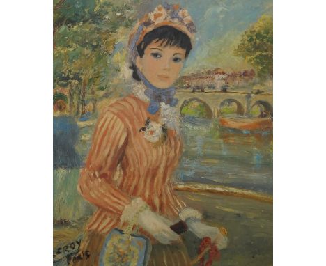 Leroy, oil on board, portrait of a Parisian lady beside a river, 14ins x 12ins, unframed