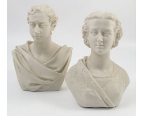 A pair of Victorian Copeland Parian ware portrait busts, of the Prince and Princess of Wales, sculpted by Marshall Wood and F