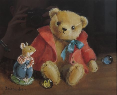 Deborah Jones, colour limited edition print, teddy, marbles and Beatrix Potter figure, 9ins x 10.75ins