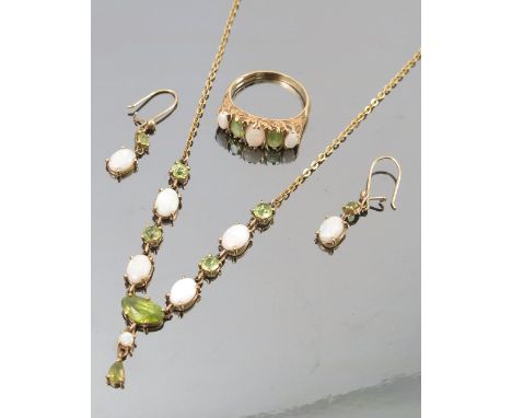 A suite of opal and peridot jewellery, comprising a ring, necklace and a pair of earrings 