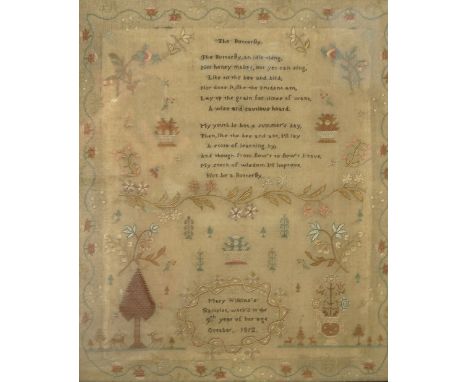 A 19th century tapestry sampler, stitched with a poem The Butterfly framed by flowers, birds, animals, trees etc, by Mary Wil