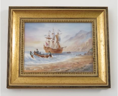 A rectangular porcelain plaque, decorated with a shipping scene by M Powell, dated '91, 4.5ins x 6ins  Condition report: good