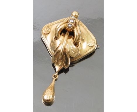 A Swedish 19th century gold and seed pearl brooch, with control marks, maker 'OWK', town marks for Vasteras, marked '18K', of