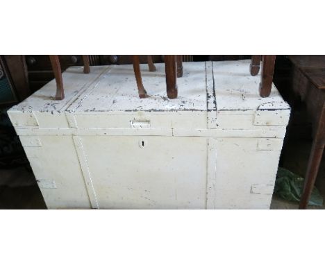 A large painted metal bound trunk, with fitted interior, width 42ins