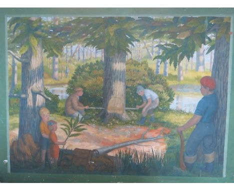 A 20th century English School, oil on board, two men felling a tree with saw with two children watching from across a pond an