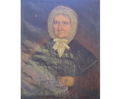 A 19th century school, oil on canvas, portrait of an elderly lady wearing a bonnet, 27.5ins x 22ins, in a rosewood and gilt f