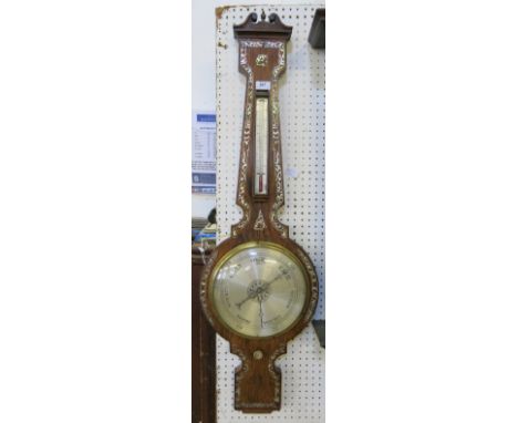 A 19th century rosewood banjo barometer, with silvered dial and mother of pearl inlay, height 42.5ins 