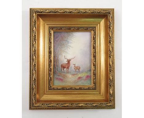 A rectangular porcelain plaque, decorated with a stag and doe in a clearing, signed by M Powell, dated '96, 6.5ins x 4.5ins  