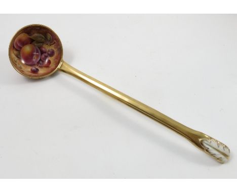 A Royal Worcester ladle, with gilt handle, the interior and exterior of the bowl decorated with fruit to a mossy background, 