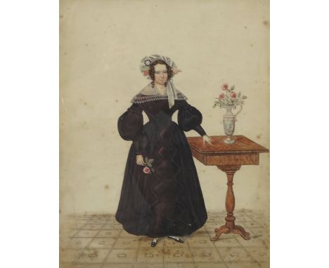 A 19th century watercolour, full length portrait of a woman in black dress holding a rose, with flowers in her bonnet and sta