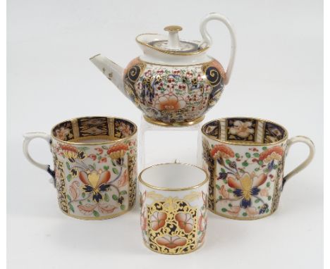 A 19th century Stevenson and Hancock Derby miniature teapot, decorated in the Imari pattern, height 3.75ins, together with th