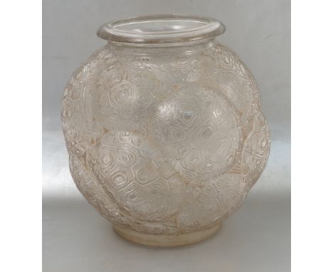 An R Lalique clear glass vase, in the Tortues pattern, height 11ins Condition report: chip to inside of top rim, slightly dir